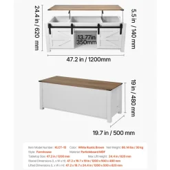 VEVOR 47.2 in Farmhouse Lift Top Coffee Table, Rustic Center Table with Barn Door and Hidden Storage Compartment, Modern Rectangle Lifting Tabletop for Living Room, Office, Home, Easy Assembly, White