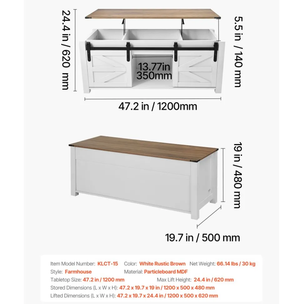 VEVOR 47.2 in Farmhouse Lift Top Coffee Table, Rustic Center Table with Barn Door and Hidden Storage Compartment, Modern Rectangle Lifting Tabletop for Living Room, Office, Home, Easy Assembly, White