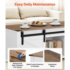 VEVOR 47.2 in Farmhouse Lift Top Coffee Table, Rustic Center Table with Barn Door and Hidden Storage Compartment, Modern Rectangle Lifting Tabletop for Living Room, Office, Home, Easy Assembly, White