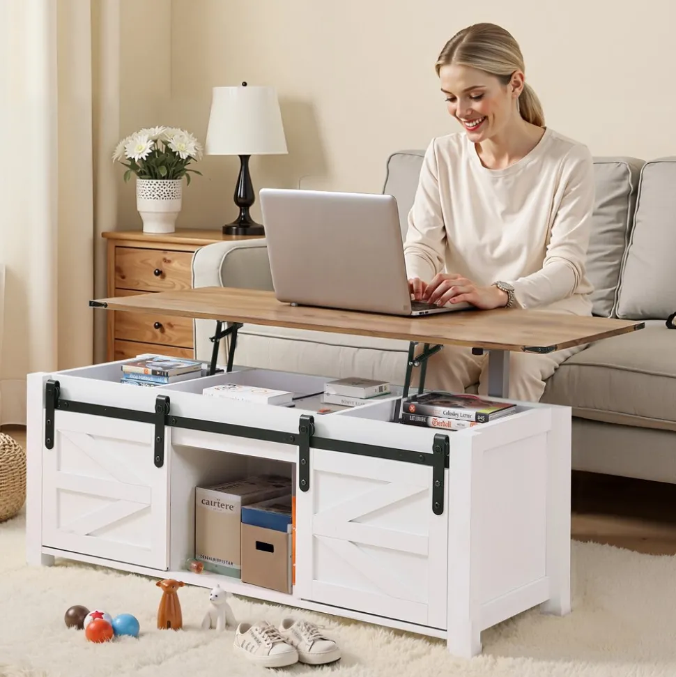 VEVOR 47.2 in Farmhouse Lift Top Coffee Table, Rustic Center Table with Barn Door and Hidden Storage Compartment, Modern Rectangle Lifting Tabletop for Living Room, Office, Home, Easy Assembly, White