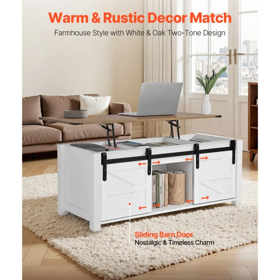 VEVOR 47.2 in Farmhouse Lift Top Coffee Table, Rustic Center Table with Barn Door and Hidden Storage Compartment, Modern Rectangle Lifting Tabletop for Living Room, Office, Home, Easy Assembly, White