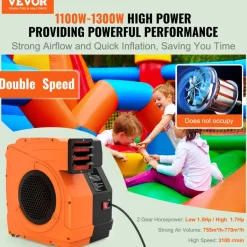 VEVOR Inflatable Blower, 1100W, 1.5 & 1.7 HP Bounce House Blower, Pump Commercial Air Blower for Inflatables, 3100 RPM Bouncy Castle Electric Fan for Bounce House, Waterslides, Tested to UL Standards