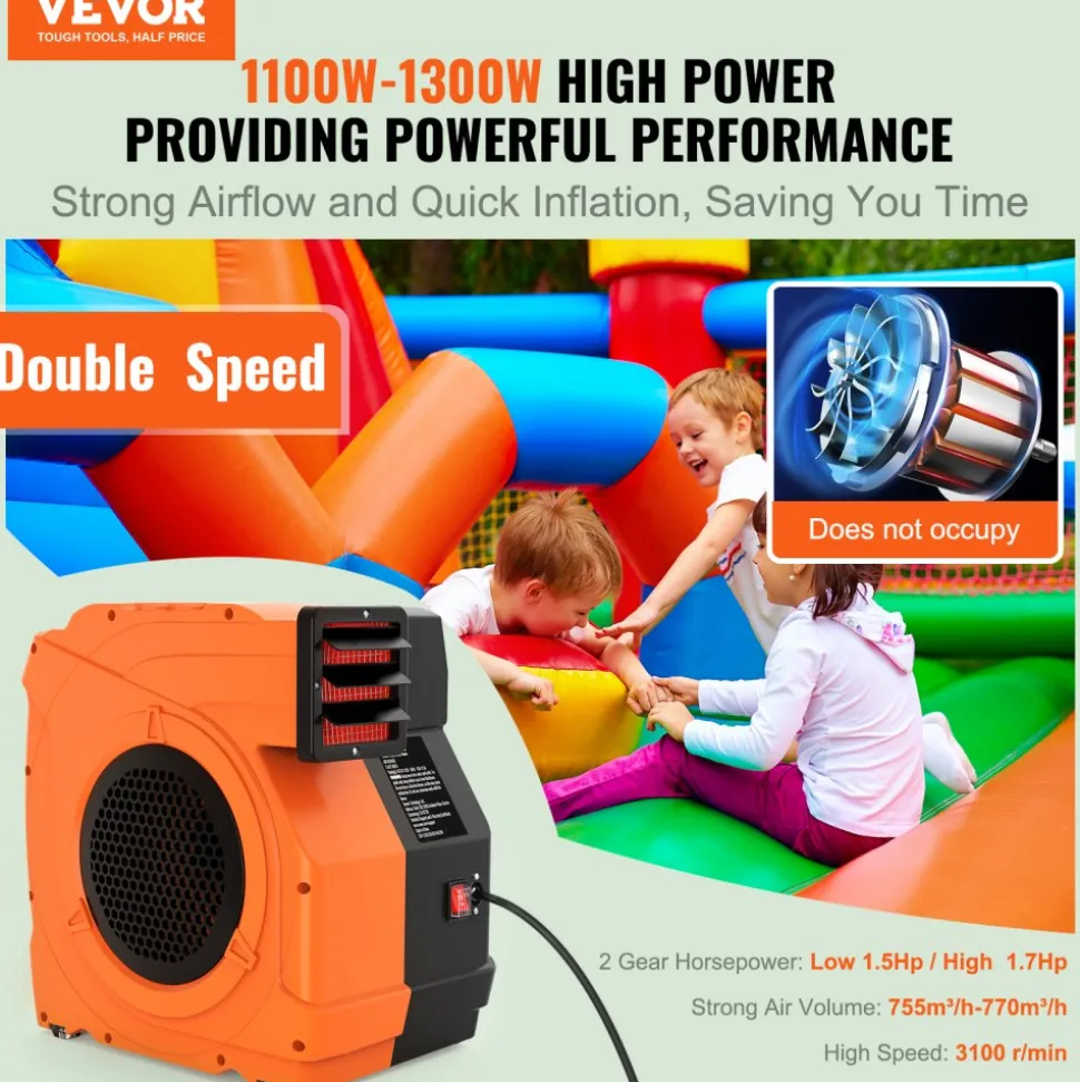 VEVOR Inflatable Blower, 1100W, 1.5 & 1.7 HP Bounce House Blower, Pump Commercial Air Blower for Inflatables, 3100 RPM Bouncy Castle Electric Fan for Bounce House, Waterslides, Tested to UL Standards