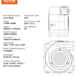 VEVOR Inflatable Blower, 1100W, 1.5 & 1.7 HP Bounce House Blower, Pump Commercial Air Blower for Inflatables, 3100 RPM Bouncy Castle Electric Fan for Bounce House, Waterslides, Tested to UL Standards