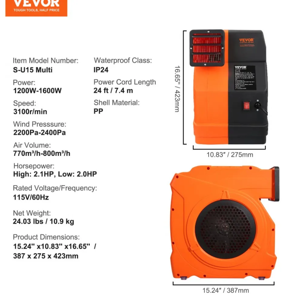VEVOR Inflatable Blower, 1500W, 2 & 2.1 HP Bounce House Blower, Pump Commercial Air Blower for Inflatables, 3100 RPM Bouncy Castle Electric Fan Perfect for Bounce House, Tested to UL Standards