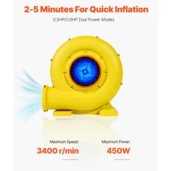 VEVOR Inflatable Blower, 380W&450W, 0.5 & 0.6 HP Bounce House Blower, Pump Commercial Air Blower for Inflatables, Bouncy Castle Electric Air Blower Fan Perfect for Bounce House, Waterslides, Yellow