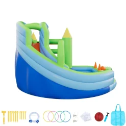 VEVOR Inflatable Bounce House, 11.3 x 12.3 x 7.0 ft Inflatable Bounce House Water Slide, Bouncer Castle with Castle Bounces, Basketball Hoop, Splash Pool & Water Ring Toss, for 3 to 4 Kids Ages 3 to 8