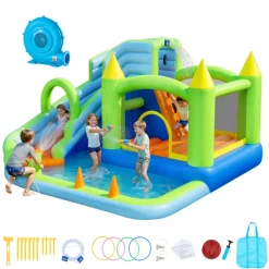 VEVOR Inflatable Bounce House, 14.9 x 12.8 x 7.8 ft Inflatable Bounce House Water Slide, Bouncer Castle with Castle Bounces, Tall Slide, Splash Pool & Pretend Market Booth, for 3 to 4 Kids Ages 3 to 8