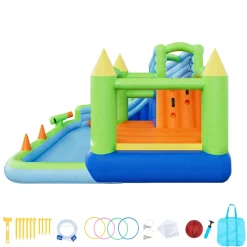 VEVOR Inflatable Bounce House, 14.9 x 12.8 x 7.8 ft Inflatable Bounce House Water Slide, Bouncer Castle with Castle Bounces, Tall Slide, Splash Pool & Pretend Market Booth, for 3 to 4 Kids Ages 3 to 8