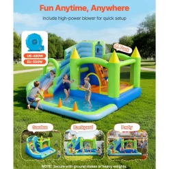 VEVOR Inflatable Bounce House, 14.9 x 12.8 x 7.8 ft Inflatable Bounce House Water Slide, Bouncer Castle with Castle Bounces, Tall Slide, Splash Pool & Pretend Market Booth, for 3 to 4 Kids Ages 3 to 8