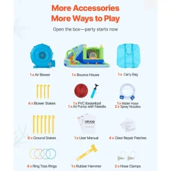 VEVOR Inflatable Bounce House, 14.9 x 12.8 x 7.8 ft Inflatable Bounce House Water Slide, Bouncer Castle with Castle Bounces, Tall Slide, Splash Pool & Pretend Market Booth, for 3 to 4 Kids Ages 3 to 8