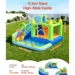 VEVOR Inflatable Bounce House, 14.9 x 12.8 x 7.8 ft Inflatable Bounce House Water Slide, Bouncer Castle with Castle Bounces, Tall Slide, Splash Pool & Pretend Market Booth, for 3 to 4 Kids Ages 3 to 8