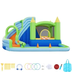VEVOR Inflatable Bounce House, 14.9 x 12.8 x 7.8 ft Inflatable Bounce House Water Slide, Bouncer Castle with Castle Bounces, Tall Slide, Splash Pool & Pretend Market Booth, for 3 to 4 Kids Ages 3 to 8