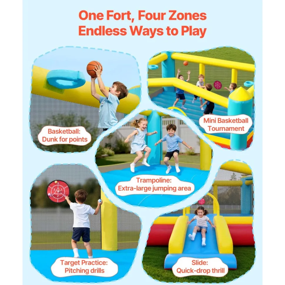 VEVOR Inflatable Bounce House, 12.5 x 13.1 x 6.5 ft Inflatable Bounce House Water Slide, Bouncer Castle with Castle Bounces, Basketball Hoop, Splash Pool & Water Ring Toss, for 3 to 4 Kids Ages 3 to 8