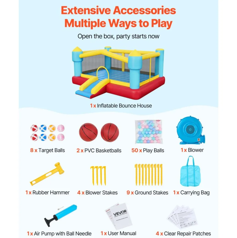 VEVOR Inflatable Bounce House, 12.5 x 13.1 x 6.5 ft Inflatable Bounce House Water Slide, Bouncer Castle with Castle Bounces, Basketball Hoop, Splash Pool & Water Ring Toss, for 3 to 4 Kids Ages 3 to 8