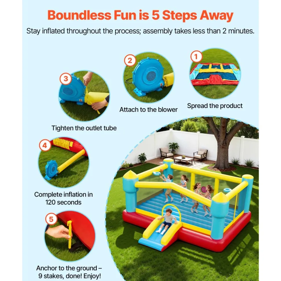 VEVOR Inflatable Bounce House, 12.5 x 13.1 x 6.5 ft Inflatable Bounce House Water Slide, Bouncer Castle with Castle Bounces, Basketball Hoop, Splash Pool & Water Ring Toss, for 3 to 4 Kids Ages 3 to 8