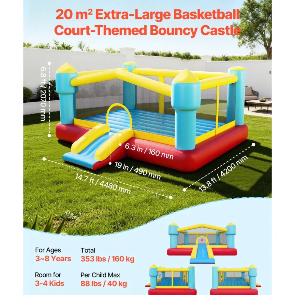 VEVOR Inflatable Bounce House, 12.5 x 13.1 x 6.5 ft Inflatable Bounce House Water Slide, Bouncer Castle with Castle Bounces, Basketball Hoop, Splash Pool & Water Ring Toss, for 3 to 4 Kids Ages 3 to 8