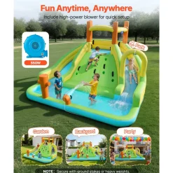 VEVOR Inflatable Bounce House, 13.3 x 11.4 x 8.4 ft Inflatable Bounce House Water Slide, Bouncer Castle with Climbing Wall, Double Tall Slides, Splash Pool & Mini Soccer, for 3 to 4 Kids Ages 3 to 8