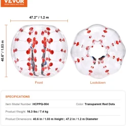 VEVOR Inflatable Bumper Ball 1-Pack, 4FT/1.2M Body Sumo Zorb Balls for Teen & Adult, 0.8mm Thick PVC Human Hamster Bubble Balls for Outdoor Team Gaming Play, Bumper Bopper Toys for Garden, Yard, Park