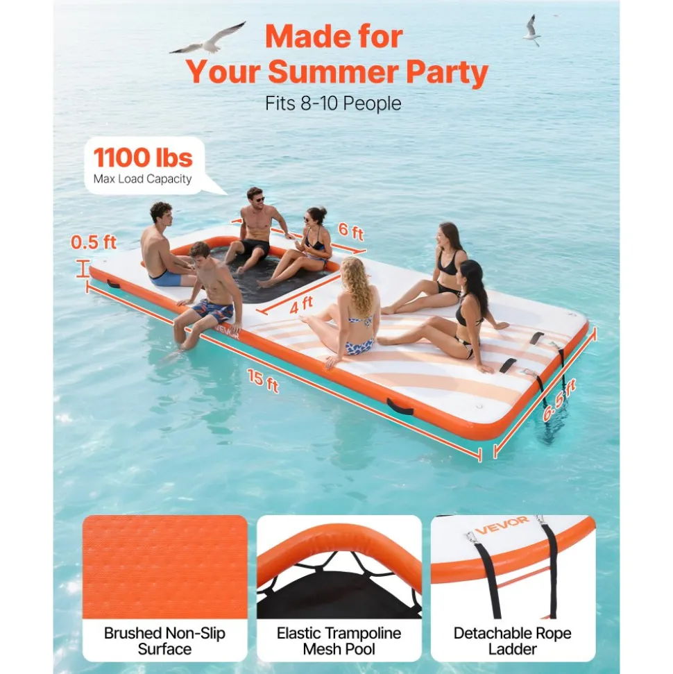 VEVOR Inflatable Floating Dock, 15 x 6.5 FT Inflatable Dock Platform, Non-Slip Water Air Mat with Portable Carrying Bag and Detachable Ladder, Floating Water Platform Island Raft for Pool Beach Ocean