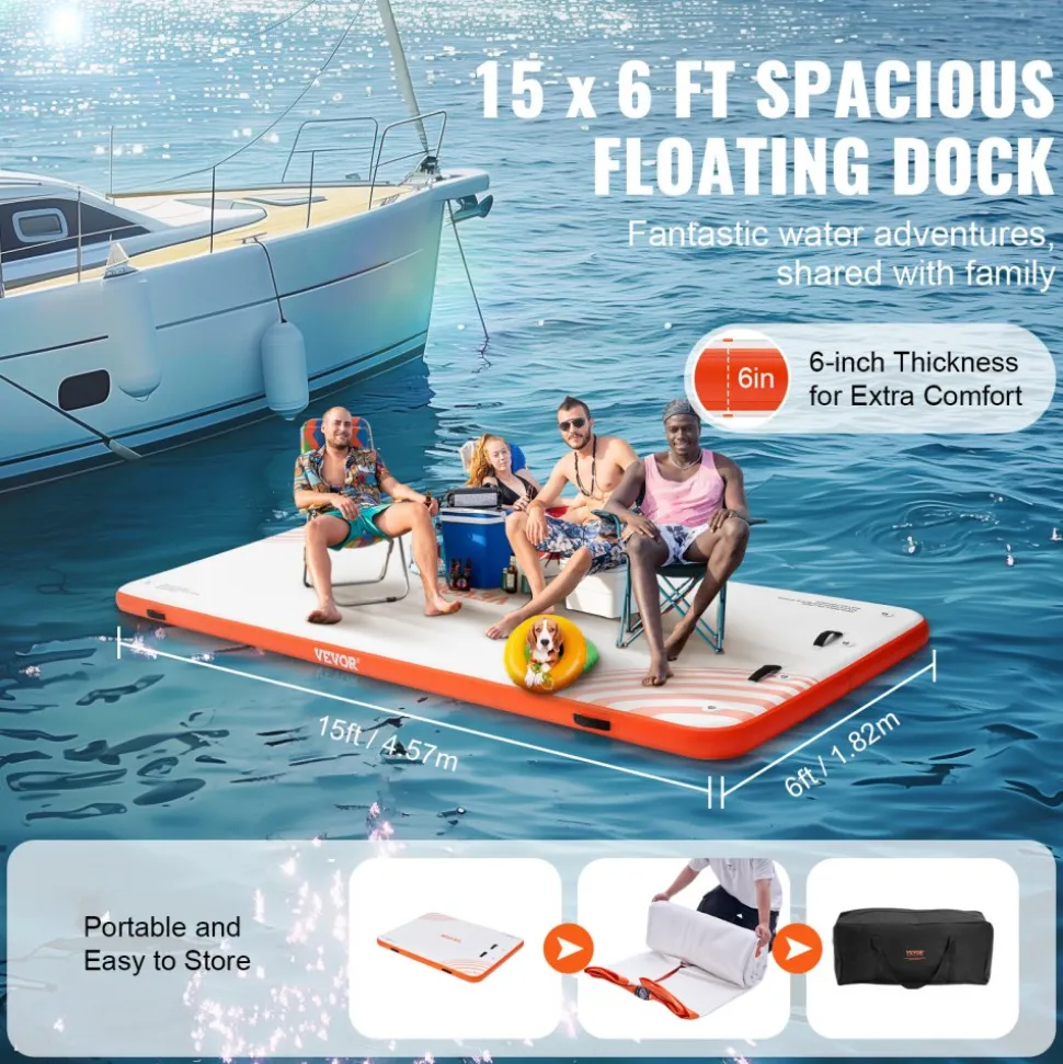 VEVOR Inflatable Floating Dock, 15 x 6FT Inflatable Dock Platform, Non-Slip Water Floating Dock Mat with Detachable Ladder & Portable Carrying Bag, Floating Platform Island Raft for Ocean Pool Beach