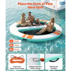 VEVOR Inflatable Floating Dock, 10x8 FT Round Inflatable Dock Platform, Non-Slip Water Air Mat with Portable Carrying Bag & Detachable Ladder, Floating Water Platform Island Raft for Pool Beach Ocean