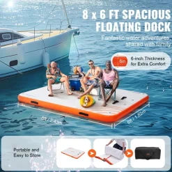 VEVOR Inflatable Floating Dock, 8 x 6FT Inflatable Dock Platform, Non-Slip Water Floating Dock Mat with Detachable Ladder & Portable Carrying Bag, Floating Platform Island Raft for Ocean Pool Beach