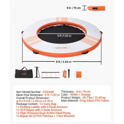 VEVOR Inflatable Floating Dock, 8.5x8.5 FT Inflatable Dock Platform, Non-Slip Water Mat with Portable Carrying Bag & Detachable Ladder, Floating Water Platform Island Raft for Pool Beach Ocean, Orange