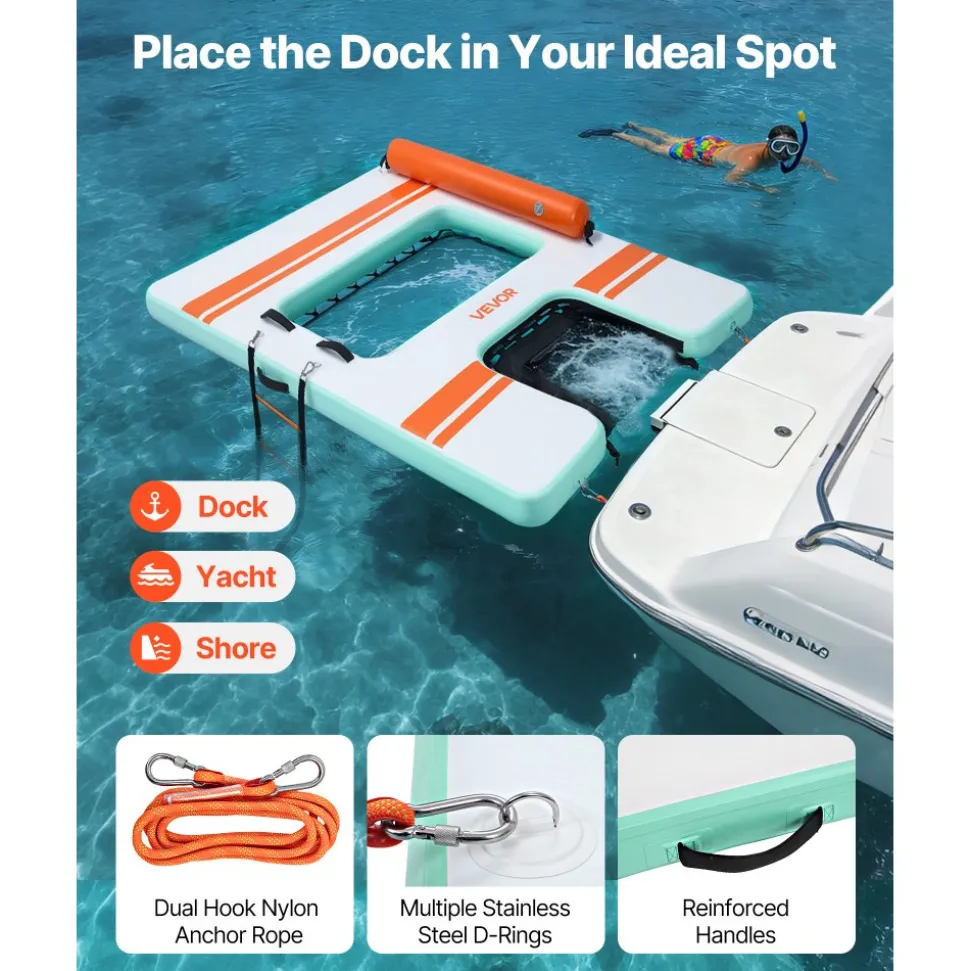 VEVOR Inflatable Floating Dock, 8 x 6 FT Inflatable Dock Platform, Non-Slip Water Air Mat with Portable Carrying Bag and Detachable Ladder, Floating Water Platform Island Raft for Pool Beach Ocean