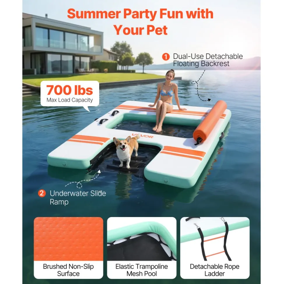 VEVOR Inflatable Floating Dock, 8 x 6 FT Inflatable Dock Platform, Non-Slip Water Air Mat with Portable Carrying Bag and Detachable Ladder, Floating Water Platform Island Raft for Pool Beach Ocean