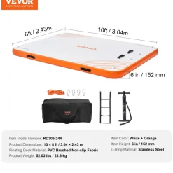 VEVOR Inflatable Floating Dock, 10 x 8FT Inflatable Dock Platform, Non-Slip Water Floating Dock Mat with Detachable Ladder & Portable Carrying Bag, Floating Platform Island Raft for Ocean Pool Beach