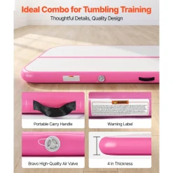 VEVOR Inflatable Gymnastics Air Mat 13 ft Training Mats w/ Electric Pump, 4 inches Thick Sturdy Tumble Track, Tumbling Mat for Home Use/Gym/Outdoor/Yoga/Cheerleading/Beach/Park/Water, Pink