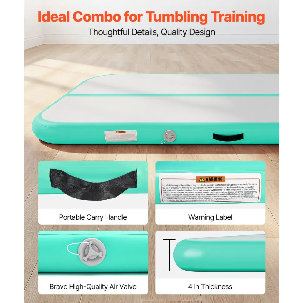 VEVOR Inflatable Gymnastics Air Mat 16.4 ft Training Mats w/ Electric Pump, 4 inches Thick Sturdy Tumble Track, Tumbling Mat for Home Use/Gym/Outdoor/Yoga/Cheerleading/Beach/Park/Water, Mint Green