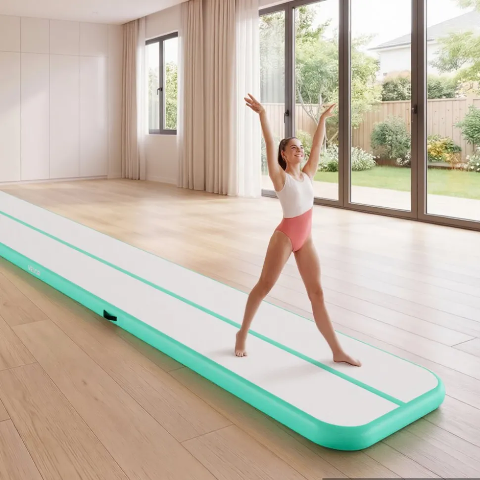 VEVOR Inflatable Gymnastics Air Mat 16.4 ft Training Mats w/ Electric Pump, 4 inches Thick Sturdy Tumble Track, Tumbling Mat for Home Use/Gym/Outdoor/Yoga/Cheerleading/Beach/Park/Water, Mint Green