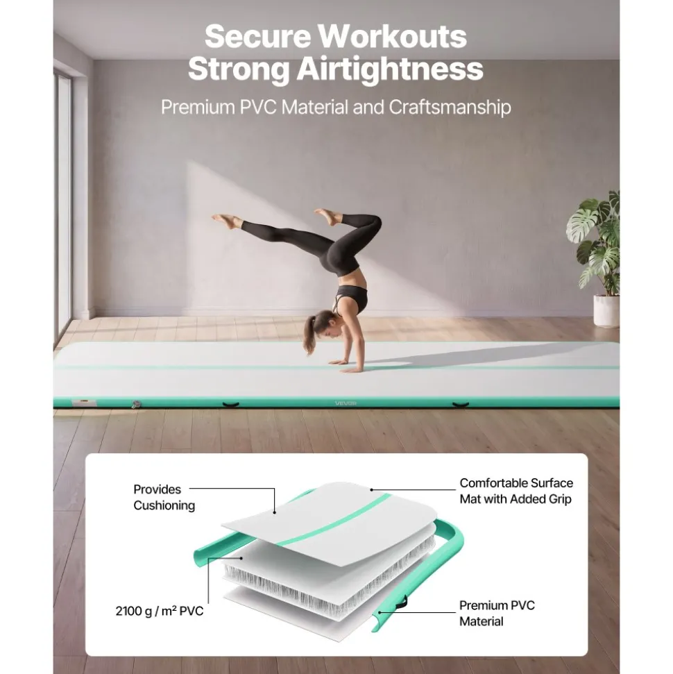 VEVOR Inflatable Gymnastics Air Mat 16.4 ft Training Mats w/ Electric Pump, 4 inches Thick Sturdy Tumble Track, Tumbling Mat for Home Use/Gym/Outdoor/Yoga/Cheerleading/Beach/Park/Water, Mint Green