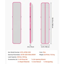 VEVOR Inflatable Gymnastics Air Mat 16.4 ft Training Mats w/ Electric Pump, 4 inches Thick Sturdy Tumble Track, Tumbling Mat for Home Use/Gym/Outdoor/Yoga/Cheerleading/Beach/Park/Water, Pink