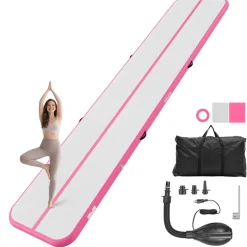 VEVOR Inflatable Gymnastics Air Mat 16.4 ft Training Mats w/ Electric Pump, 4 inches Thick Sturdy Tumble Track, Tumbling Mat for Home Use/Gym/Outdoor/Yoga/Cheerleading/Beach/Park/Water, Pink
