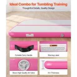 VEVOR Inflatable Gymnastics Air Mat 16.4 ft Training Mats w/ Electric Pump, 4 inches Thick Sturdy Tumble Track, Tumbling Mat for Home Use/Gym/Outdoor/Yoga/Cheerleading/Beach/Park/Water, Pink