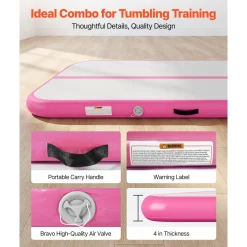 VEVOR Inflatable Gymnastics Air Mat 10 ft Training Mats w/ Electric Pump, 4 inches Thick Sturdy Tumble Track, Tumbling Mat for Home Use/Gym/Outdoor/Yoga/Cheerleading/Beach/Park/Water, Pink