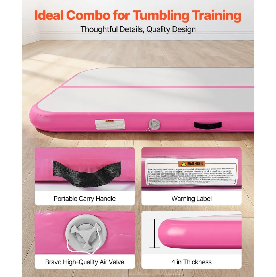 VEVOR Inflatable Gymnastics Air Mat 10 ft Training Mats w/ Electric Pump, 4 inches Thick Sturdy Tumble Track, Tumbling Mat for Home Use/Gym/Outdoor/Yoga/Cheerleading/Beach/Park/Water, Pink