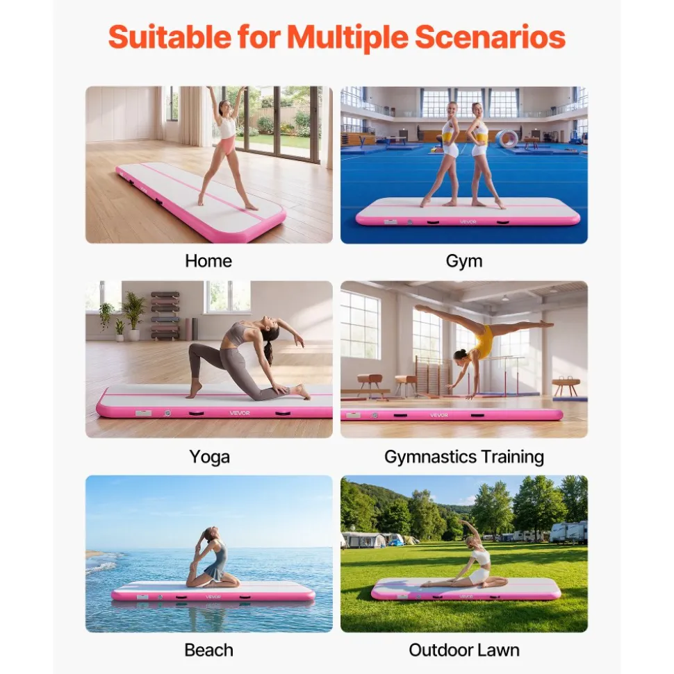 VEVOR Inflatable Gymnastics Air Mat 10 ft Training Mats w/ Electric Pump, 4 inches Thick Sturdy Tumble Track, Tumbling Mat for Home Use/Gym/Outdoor/Yoga/Cheerleading/Beach/Park/Water, Pink