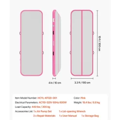 VEVOR Inflatable Gymnastics Air Mat 10 ft Training Mats w/ Electric Pump, 4 inches Thick Sturdy Tumble Track, Tumbling Mat for Home Use/Gym/Outdoor/Yoga/Cheerleading/Beach/Park/Water, Pink