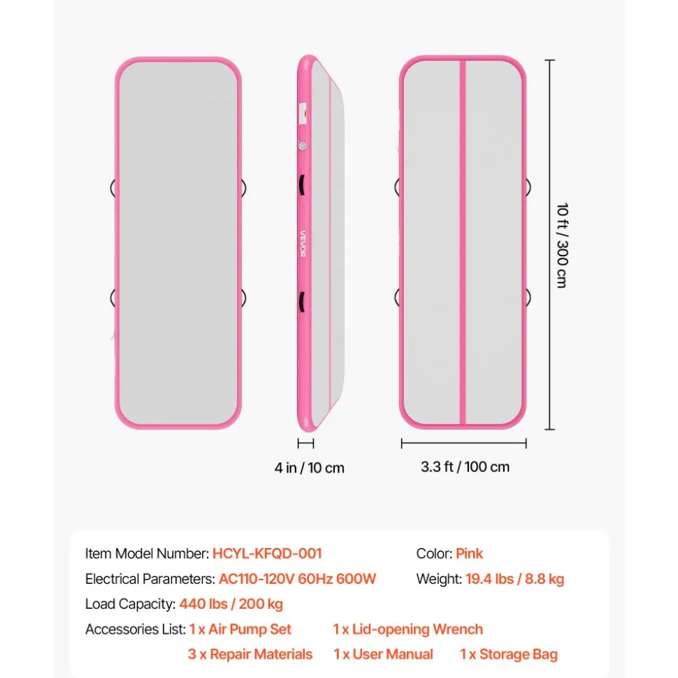 VEVOR Inflatable Gymnastics Air Mat 10 ft Training Mats w/ Electric Pump, 4 inches Thick Sturdy Tumble Track, Tumbling Mat for Home Use/Gym/Outdoor/Yoga/Cheerleading/Beach/Park/Water, Pink