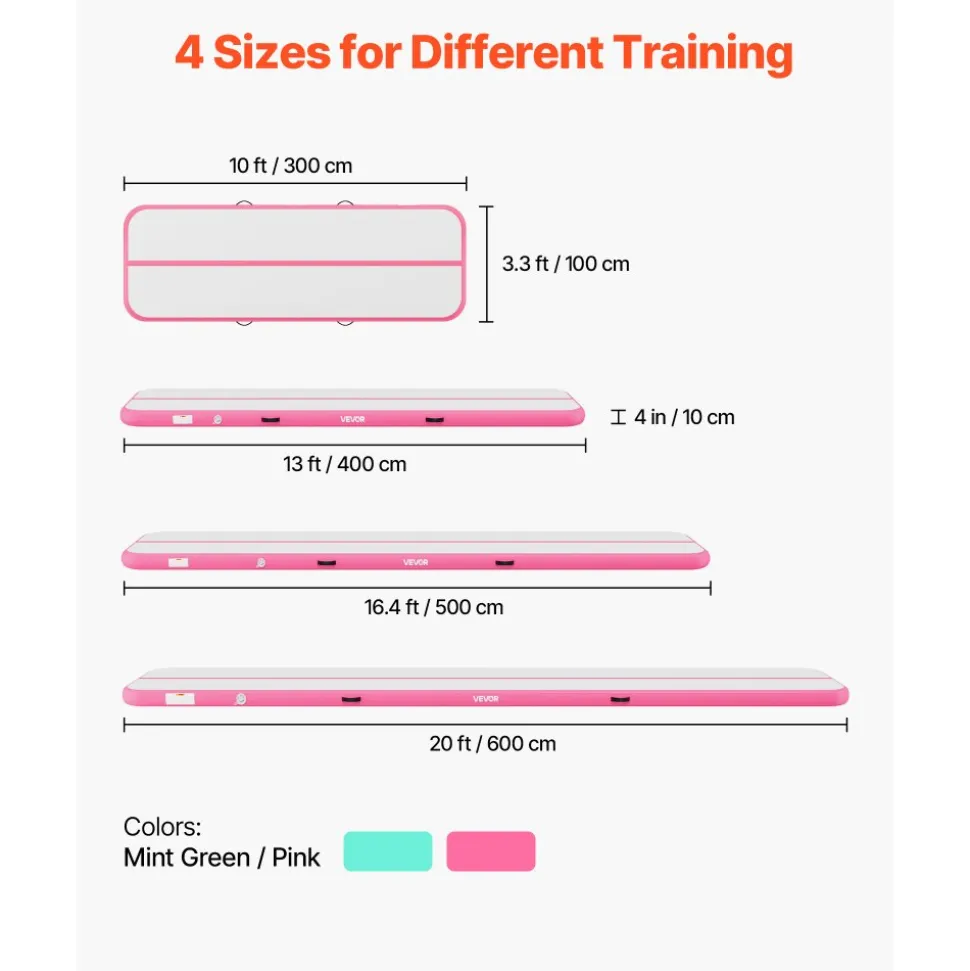VEVOR Inflatable Gymnastics Air Mat 10 ft Training Mats w/ Electric Pump, 4 inches Thick Sturdy Tumble Track, Tumbling Mat for Home Use/Gym/Outdoor/Yoga/Cheerleading/Beach/Park/Water, Pink