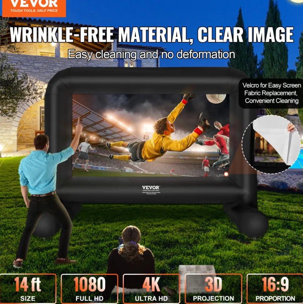 VEVOR Inflatable Movie Screen, 14 FT Inflatable Projector Screen for Outside with Blower and Carrying Bag, Front/Rear Projection, Oxford Fabric Blow Up Screen for Outdoor Parties Backyard Movie Night