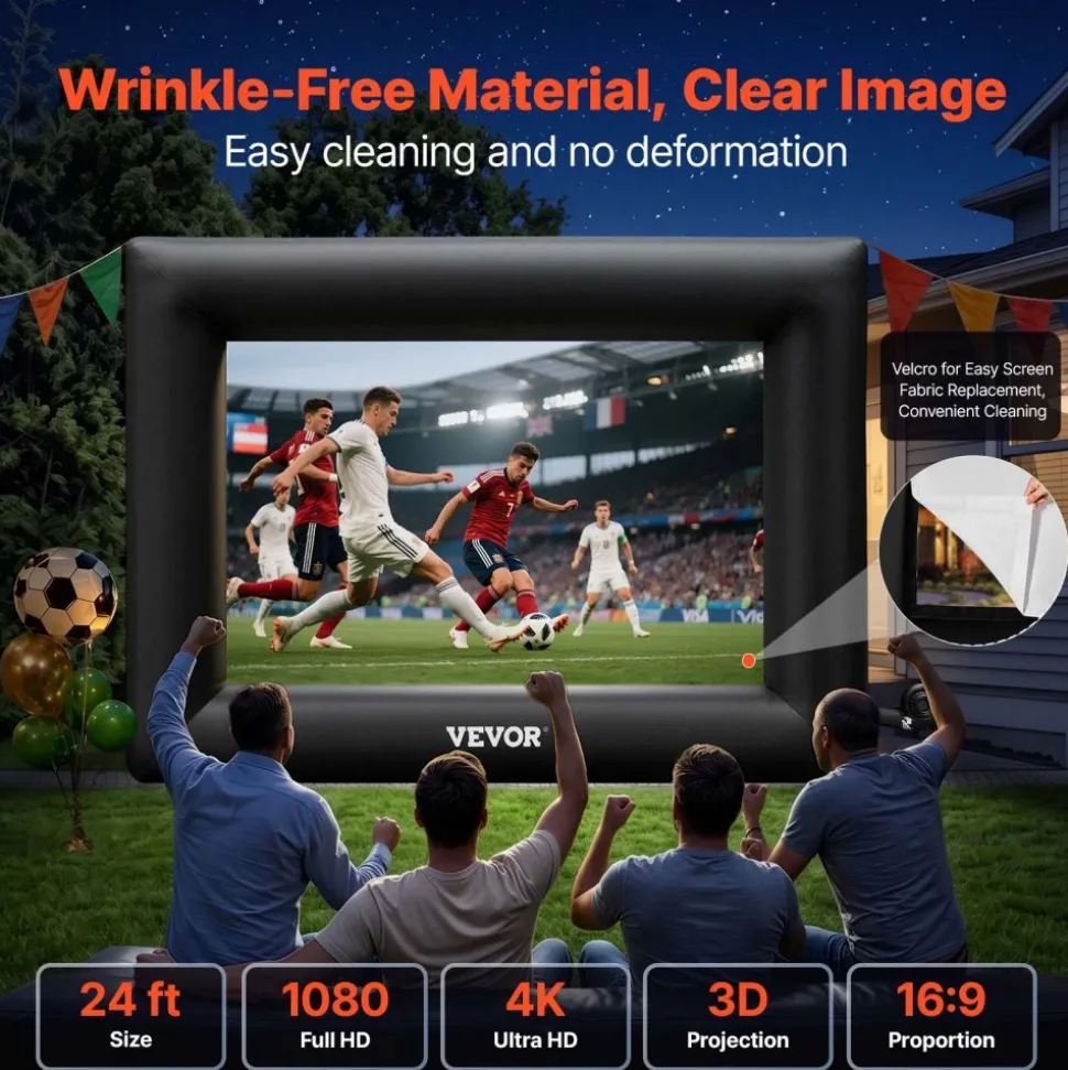 VEVOR Inflatable Movie Screen 24FT Inflatable Projector Screen for outside with 360W Air Blower Inflatable Screen Oxford Fabric Material Blow Up Screen for Outdoor Movie Supports Front/Rear Projection