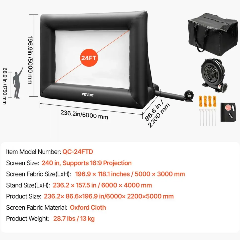VEVOR Inflatable Movie Screen 24FT Inflatable Projector Screen for outside with 360W Air Blower Inflatable Screen Oxford Fabric Material Blow Up Screen for Outdoor Movie Supports Front/Rear Projection