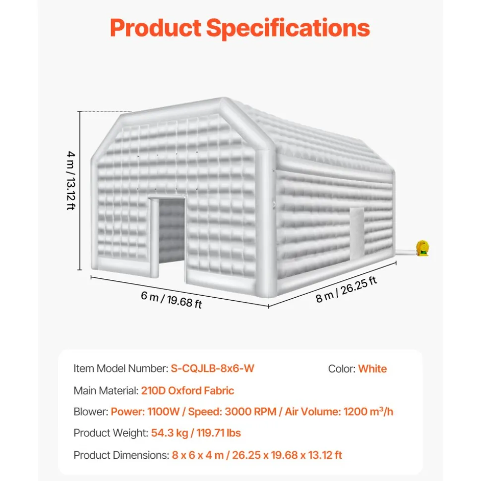 VEVOR Inflatable Nightclub, 26.2 x 19.7 x 13.1 Ft, Blow up Party Tent with 1100W Blower, Large Inflatable Night Club Tent for Adults, Easy Setup Inflatable House Air Cube for Wedding Birthday White