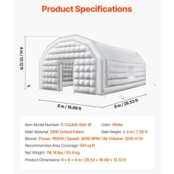VEVOR Inflatable Nightclub, 29.5 x 19.7 x 13.1 ft Inflatable Party Tent with 1100W Blower & Sandbag, Blow up Night Club with 2 Windows, Air Cube House for Event Birthday Wedding Party, White