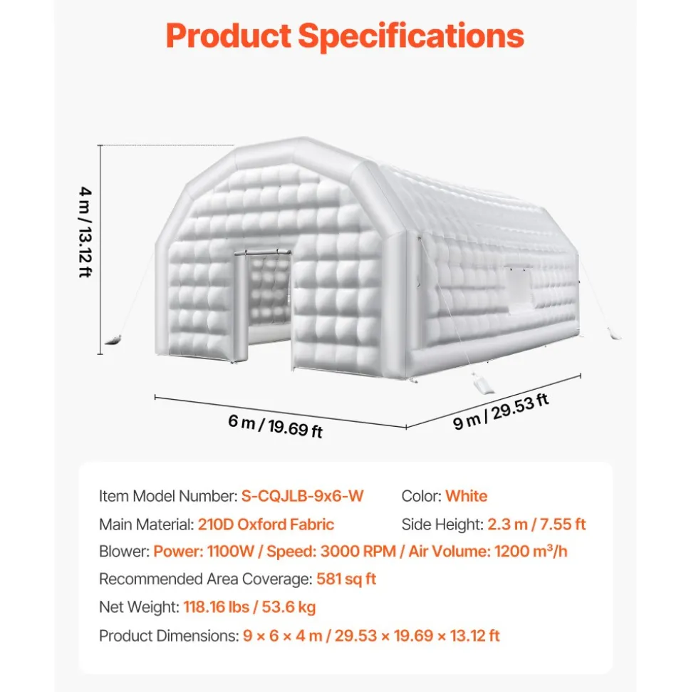 VEVOR Inflatable Nightclub, 29.5 x 19.7 x 13.1 ft Inflatable Party Tent with 1100W Blower & Sandbag, Blow up Night Club with 2 Windows, Air Cube House for Event Birthday Wedding Party, White